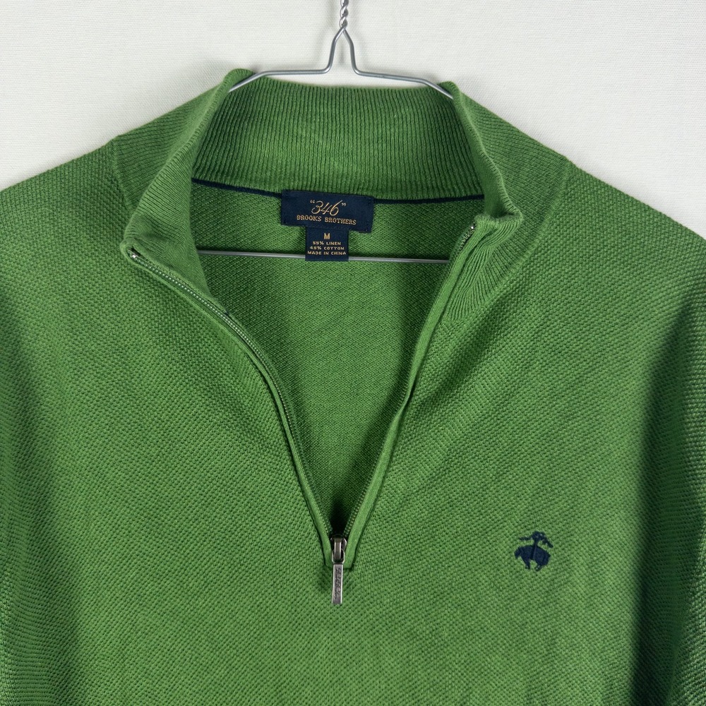 Brooks Brothers 346 Linen Quarter Zip Pullover Sweater Mens M Green Old Money Pr - Picture 2 of 6
